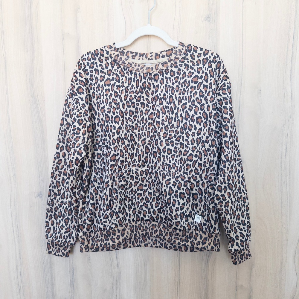 Akimbo Womens Leopard Sweatshirt M Brown Fleece Crew Neck Athleisure Streetwear